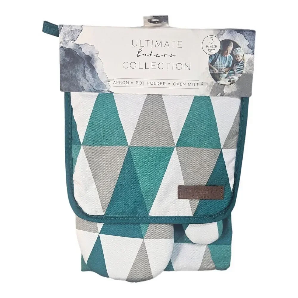 Eco One Ultimate Bakers Collection Apron Pot Holder Oven Mitt Green Diamond Prin - Picture 1 of 5